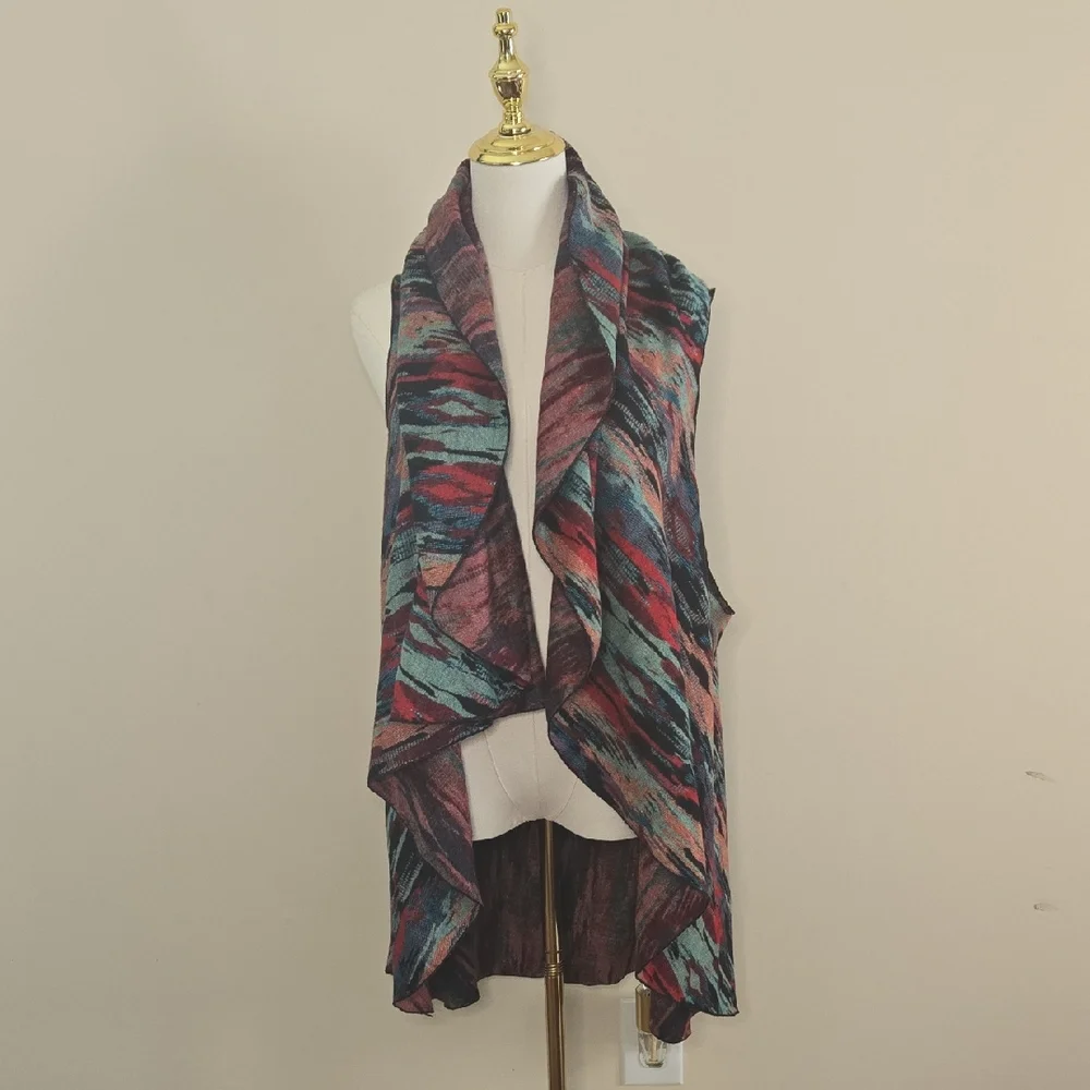 100% Cashmere Waterfall Drape Vest Multicolor Abstract Print Western Heritage - Picture 2 of 8